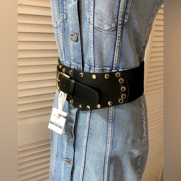 🆕 True Religion Belt Womens Small Medium Black Wide Studded Elastic Stretch NWT - Picture 6 of 10